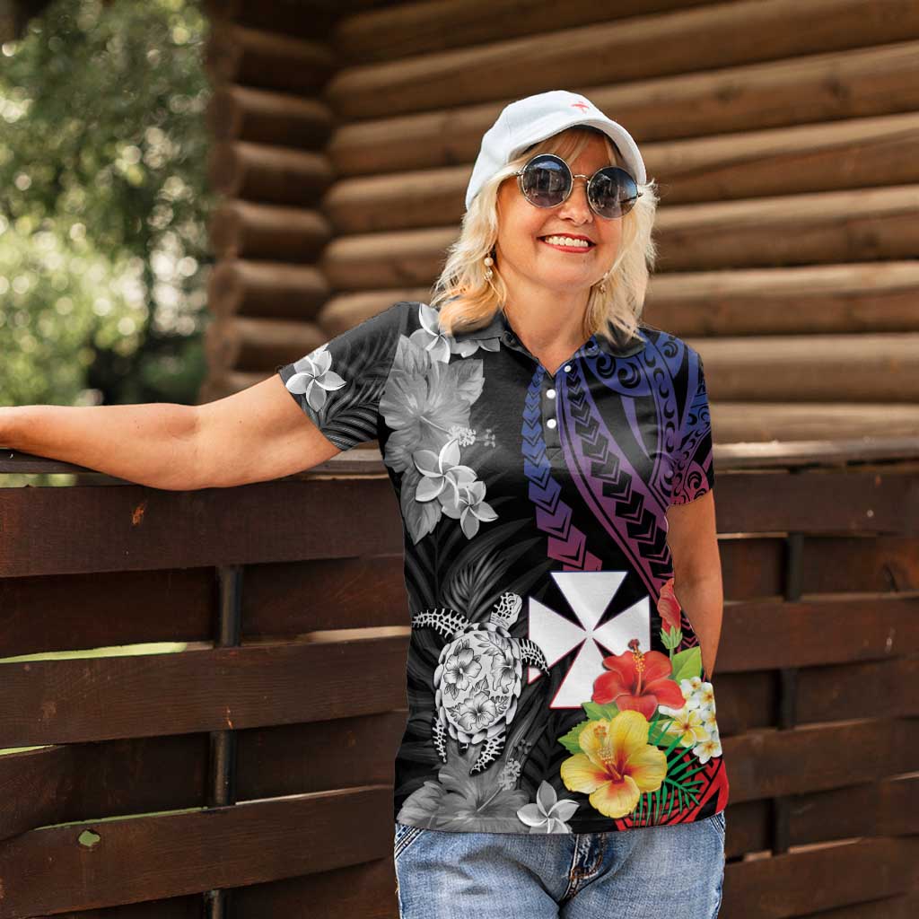 Wallis and Futuna Bastille Day Women Polo Shirt Tropical Turtle Hibiscus Polynesian Pattern