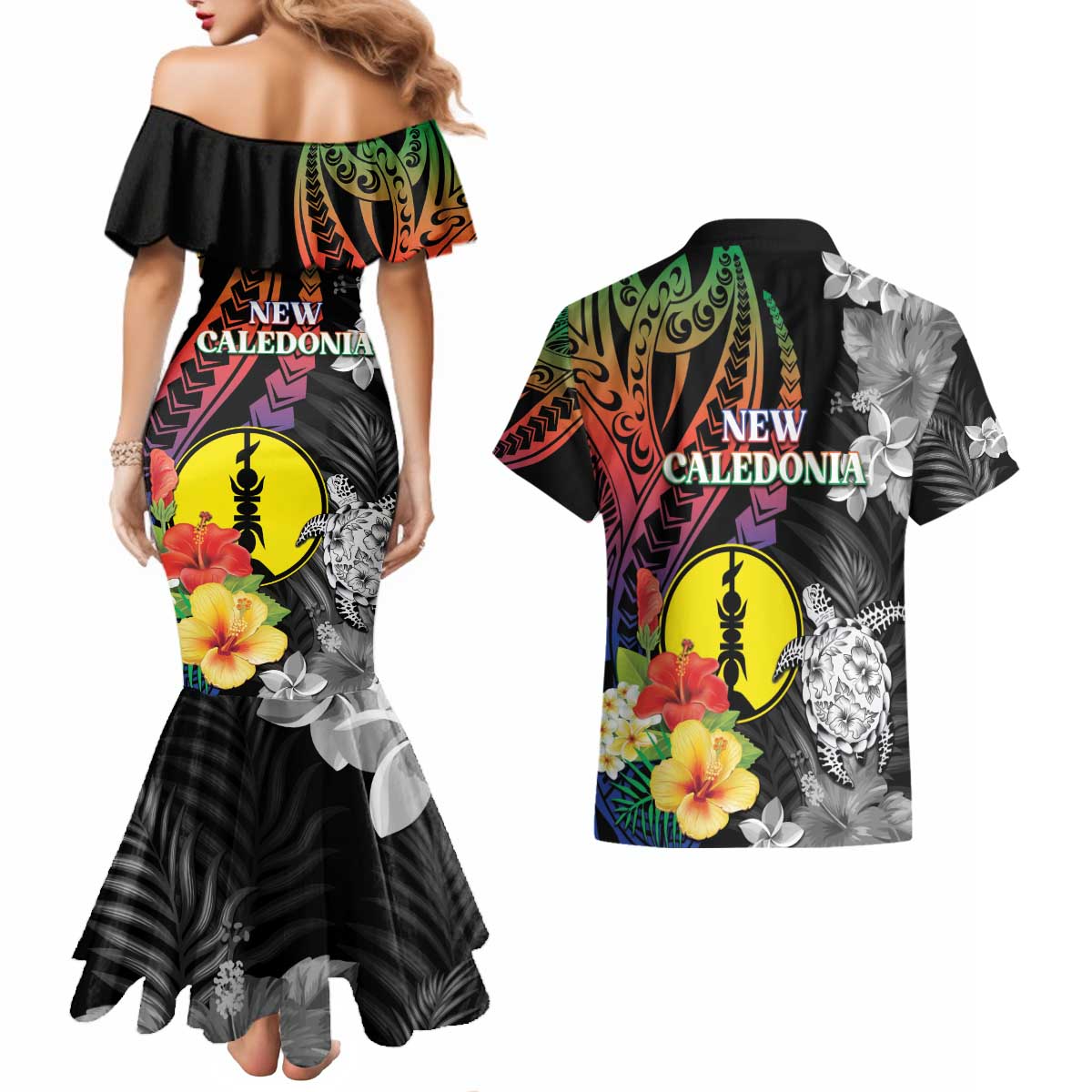 New Caledonia Bastille Day Couples Matching Mermaid Dress and Hawaiian Shirt Tropical Turtle Hibiscus Polynesian Pattern LT05 - Polynesian Pride
