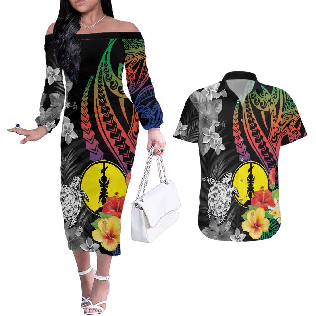 New Caledonia Bastille Day Couples Matching Off The Shoulder Long Sleeve Dress and Hawaiian Shirt Tropical Turtle Hibiscus Polynesian Pattern LT05 Black - Polynesian Pride