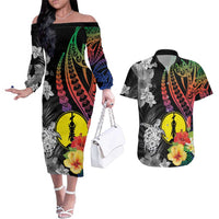 New Caledonia Bastille Day Couples Matching Off The Shoulder Long Sleeve Dress and Hawaiian Shirt Tropical Turtle Hibiscus Polynesian Pattern LT05 Black - Polynesian Pride