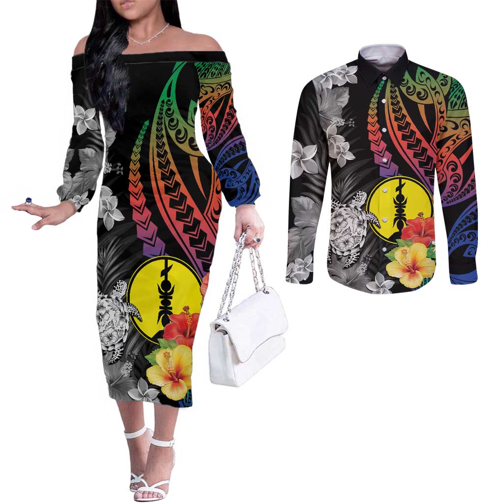 New Caledonia Bastille Day Couples Matching Off The Shoulder Long Sleeve Dress and Long Sleeve Button Shirt Tropical Turtle Hibiscus Polynesian Pattern LT05 Black - Polynesian Pride