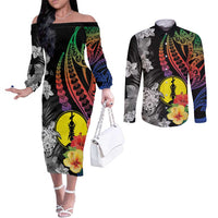 New Caledonia Bastille Day Couples Matching Off The Shoulder Long Sleeve Dress and Long Sleeve Button Shirt Tropical Turtle Hibiscus Polynesian Pattern LT05 Black - Polynesian Pride