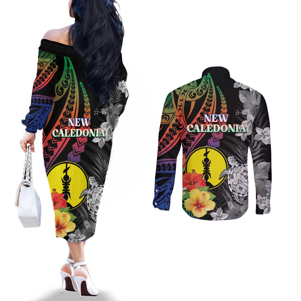 New Caledonia Bastille Day Couples Matching Off The Shoulder Long Sleeve Dress and Long Sleeve Button Shirt Tropical Turtle Hibiscus Polynesian Pattern LT05 - Polynesian Pride