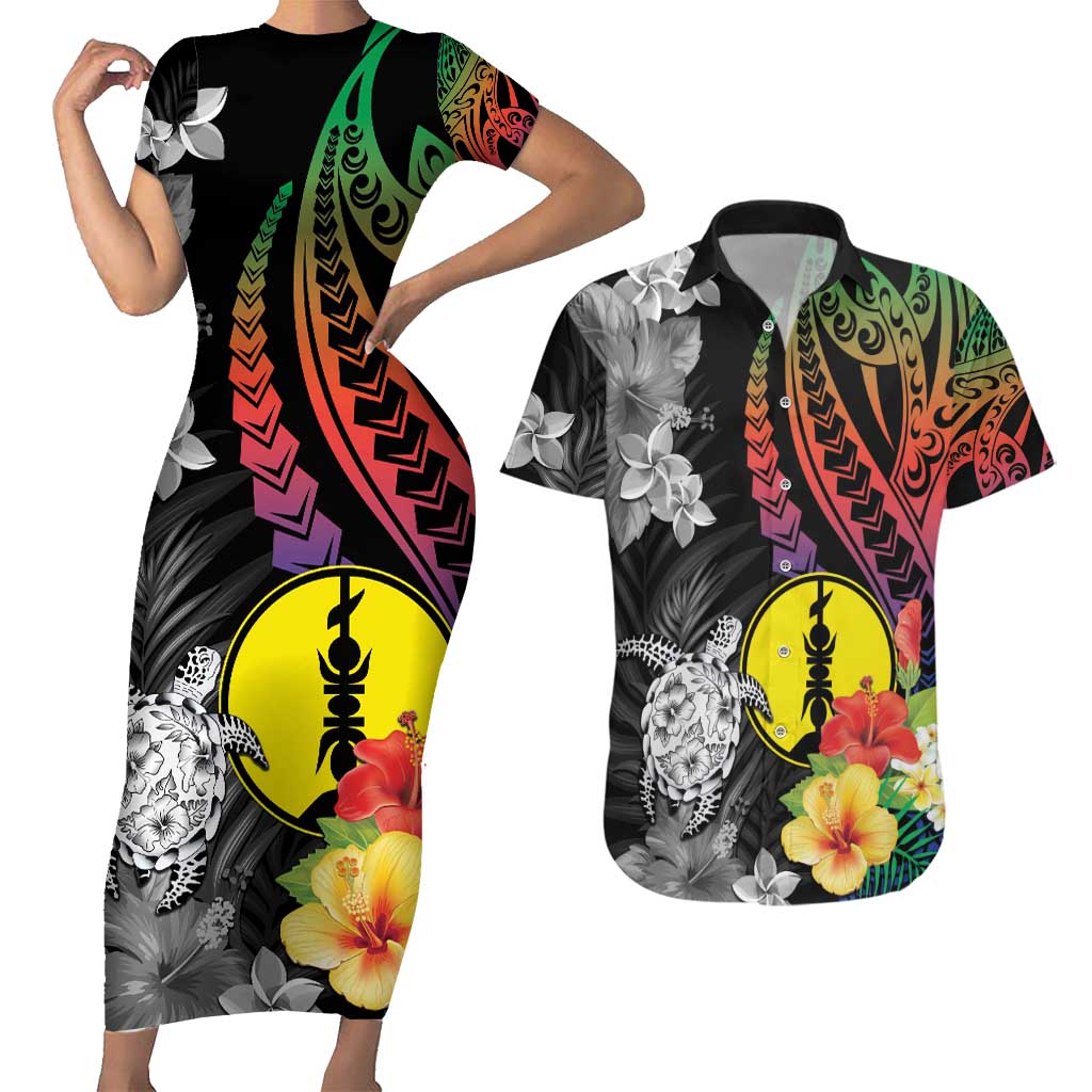 New Caledonia Bastille Day Couples Matching Short Sleeve Bodycon Dress and Hawaiian Shirt Tropical Turtle Hibiscus Polynesian Pattern LT05 Black - Polynesian Pride