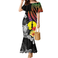 New Caledonia Bastille Day Family Matching Mermaid Dress and Hawaiian Shirt Tropical Turtle Hibiscus Polynesian Pattern LT05 Mom's Dress Black - Polynesian Pride