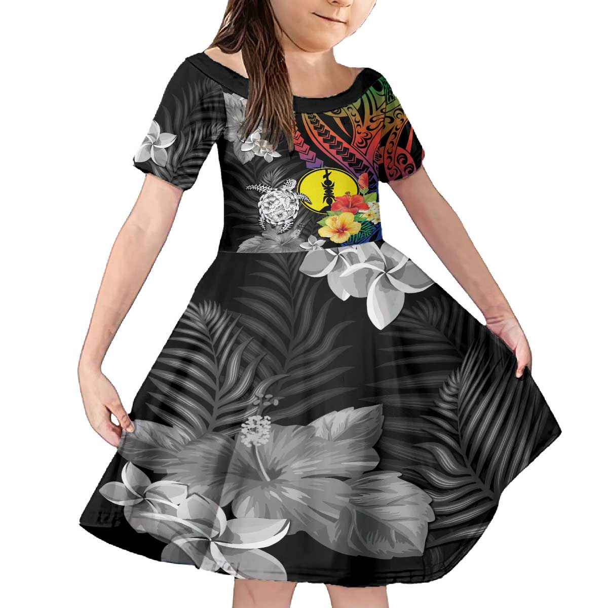 New Caledonia Bastille Day Family Matching Off The Shoulder Long Sleeve Dress and Hawaiian Shirt Tropical Turtle Hibiscus Polynesian Pattern LT05 Daughter's Dress Black - Polynesian Pride