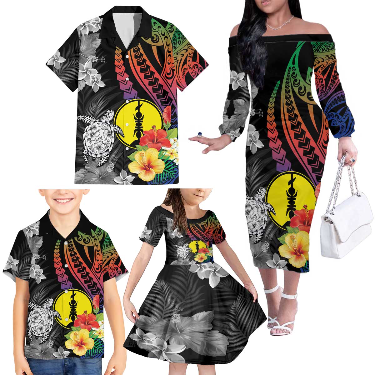 New Caledonia Bastille Day Family Matching Off The Shoulder Long Sleeve Dress and Hawaiian Shirt Tropical Turtle Hibiscus Polynesian Pattern LT05 - Polynesian Pride
