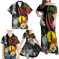 New Caledonia Bastille Day Family Matching Off Shoulder Maxi Dress and Hawaiian Shirt Tropical Turtle Hibiscus Polynesian Pattern LT05 - Polynesian Pride