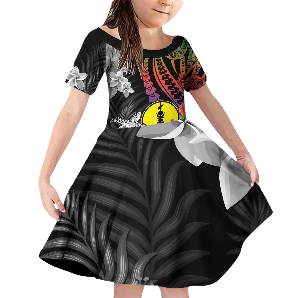 New Caledonia Bastille Day Family Matching Off Shoulder Short Dress and Hawaiian Shirt Tropical Turtle Hibiscus Polynesian Pattern LT05 Daughter's Dress Black - Polynesian Pride