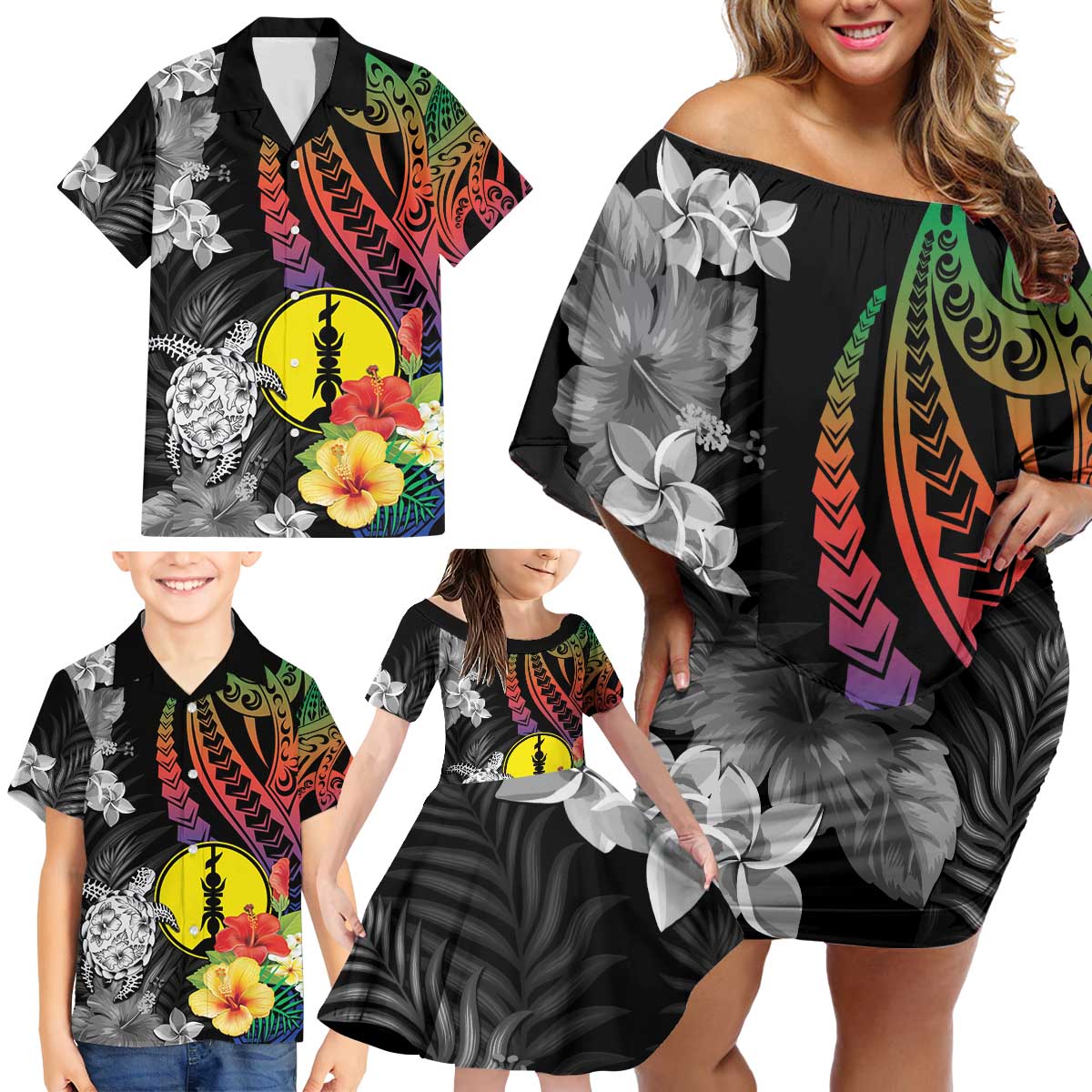 New Caledonia Bastille Day Family Matching Off Shoulder Short Dress and Hawaiian Shirt Tropical Turtle Hibiscus Polynesian Pattern LT05 - Polynesian Pride