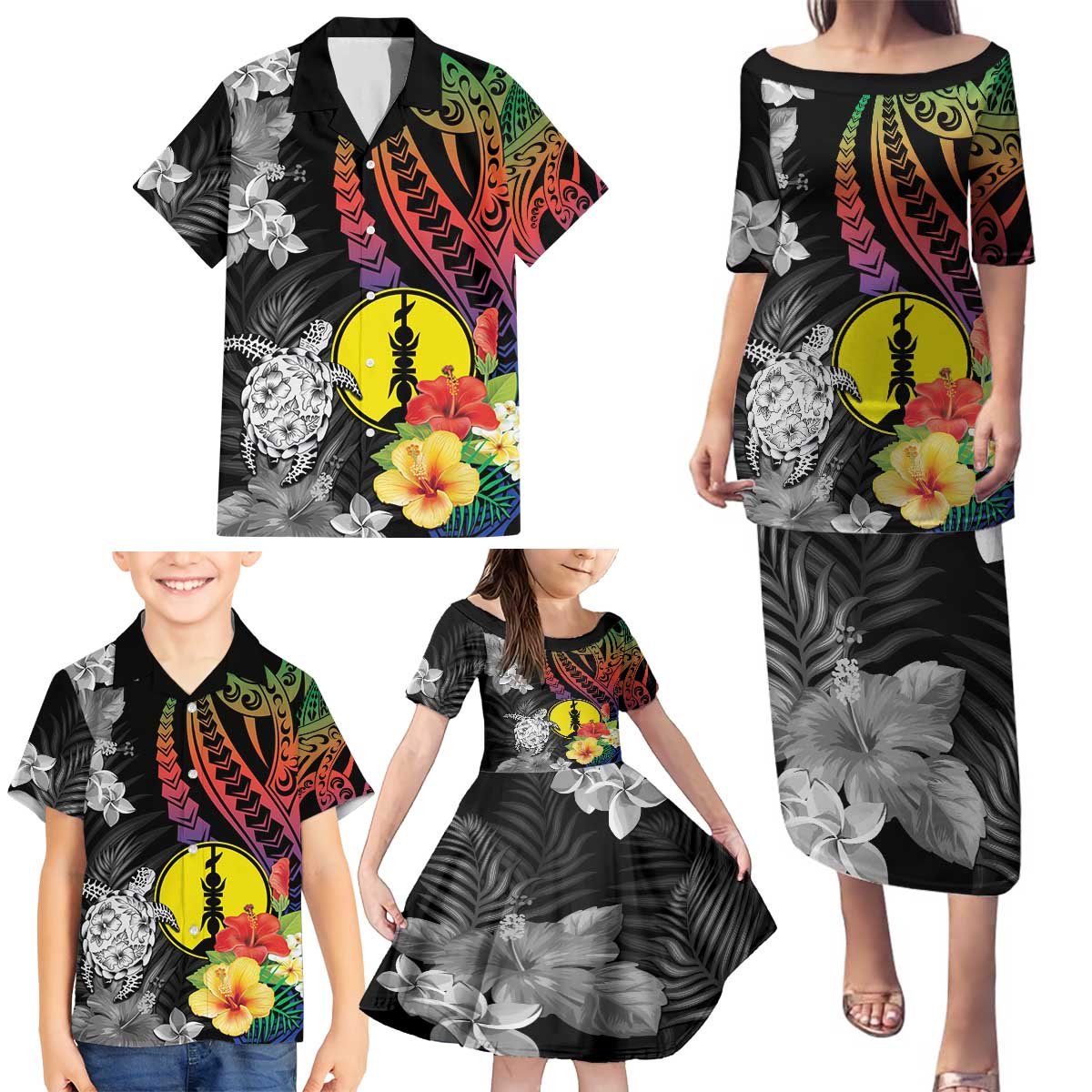 New Caledonia Bastille Day Family Matching Puletasi and Hawaiian Shirt Tropical Turtle Hibiscus Polynesian Pattern LT05 - Polynesian Pride