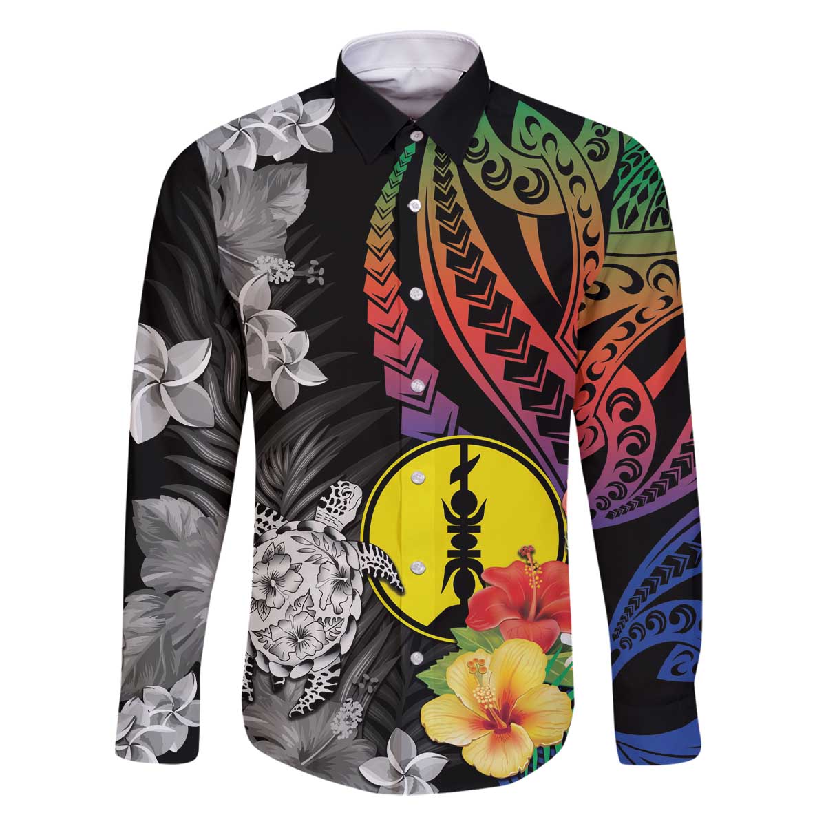 New Caledonia Bastille Day Family Matching Puletasi and Hawaiian Shirt Tropical Turtle Hibiscus Polynesian Pattern LT05 Dad's Shirt - Long Sleeve Black - Polynesian Pride
