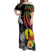 New Caledonia Bastille Day Off Shoulder Maxi Dress Tropical Turtle Hibiscus Polynesian Pattern LT05 Women Black - Polynesian Pride