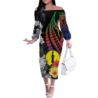 New Caledonia Bastille Day Off The Shoulder Long Sleeve Dress Tropical Turtle Hibiscus Polynesian Pattern