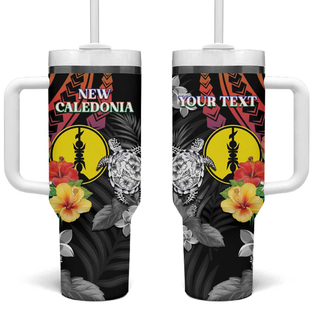 Personalised New Caledonia Bastille Day Tumbler With Handle Tropical Turtle Hibiscus Polynesian Pattern LT05 One Size: 40 oz Black - Polynesian Pride