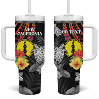 Personalised New Caledonia Bastille Day Tumbler With Handle Tropical Turtle Hibiscus Polynesian Pattern LT05 One Size: 40 oz Black - Polynesian Pride