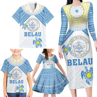 Personalised Palau Constitution Day Family Matching Long Sleeve Bodycon Dress and Hawaiian Shirt Polynesian Turtle LT05 - Polynesian Pride