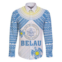 Personalised Palau Constitution Day Family Matching Long Sleeve Bodycon Dress and Hawaiian Shirt Polynesian Turtle LT05 Dad's Shirt - Long Sleeve Blue - Polynesian Pride