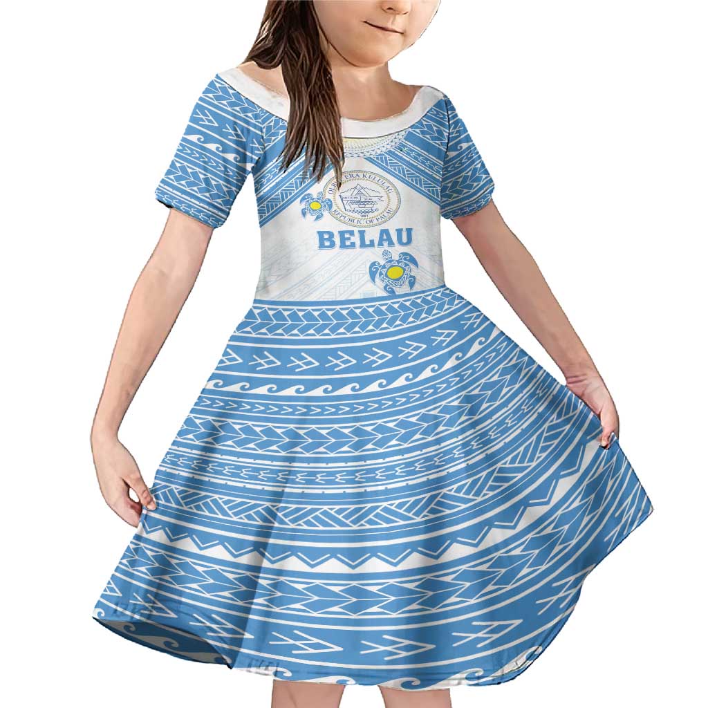 Personalised Palau Constitution Day Family Matching Mermaid Dress and Hawaiian Shirt Polynesian Turtle LT05 Daughter's Dress Blue - Polynesian Pride