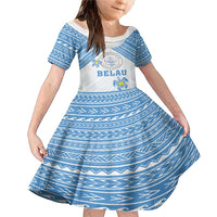 Personalised Palau Constitution Day Family Matching Mermaid Dress and Hawaiian Shirt Polynesian Turtle LT05 Daughter's Dress Blue - Polynesian Pride