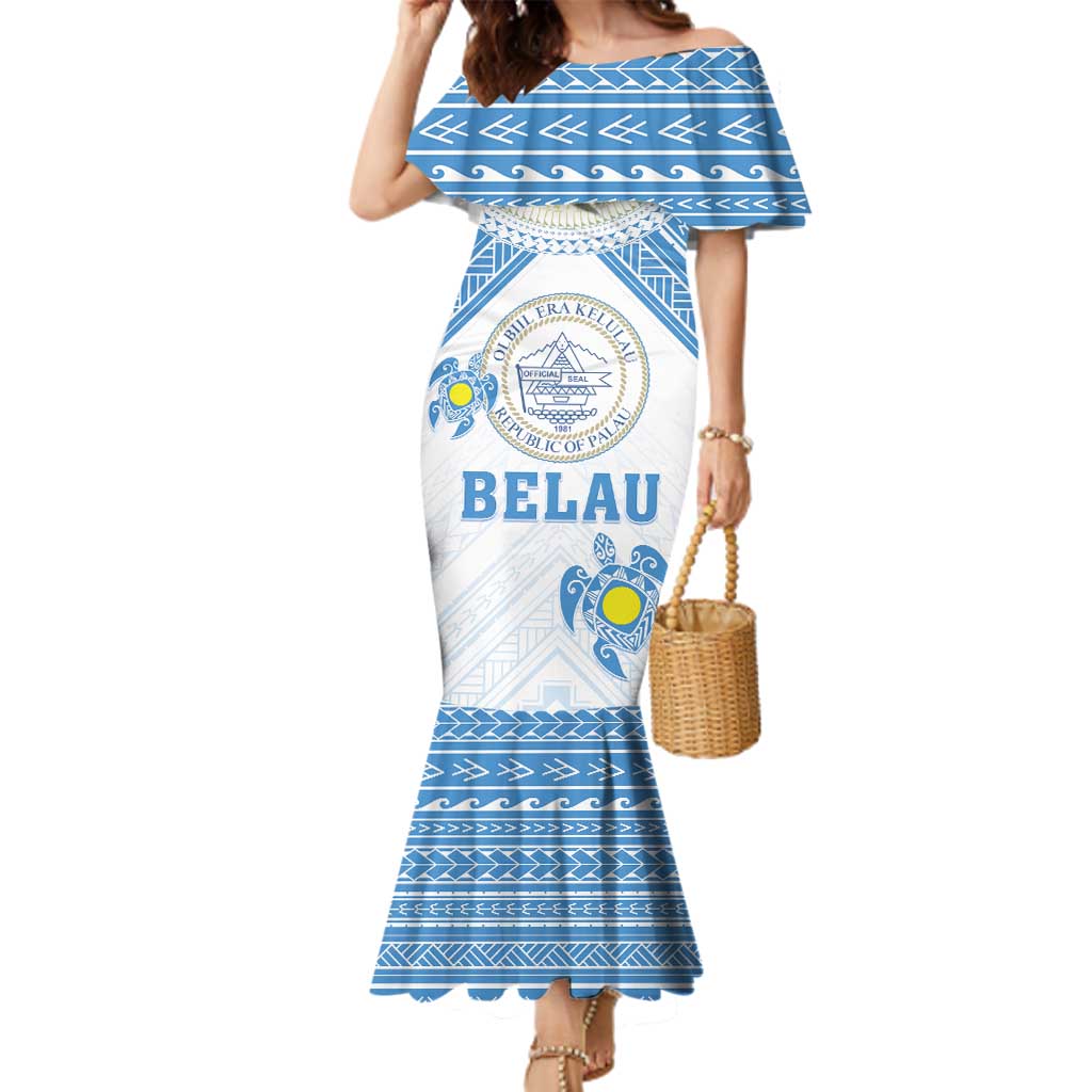 Personalised Palau Constitution Day Family Matching Mermaid Dress and Hawaiian Shirt Polynesian Turtle LT05 Mom's Dress Blue - Polynesian Pride