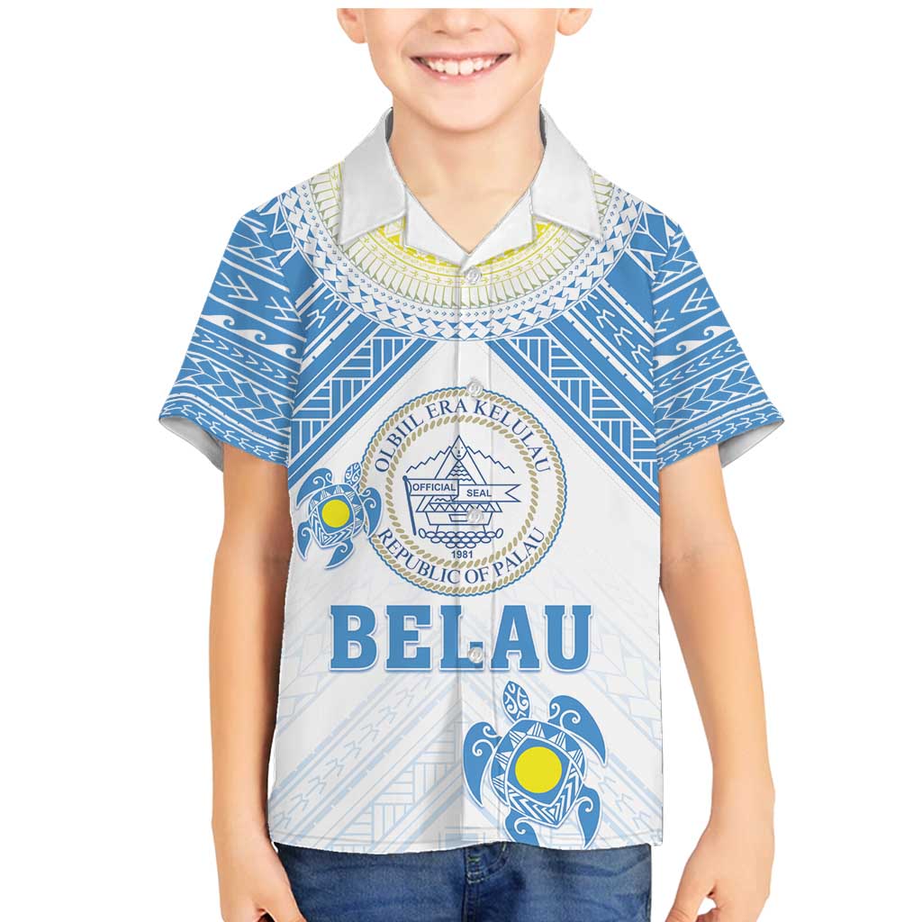Personalised Palau Constitution Day Family Matching Mermaid Dress and Hawaiian Shirt Polynesian Turtle LT05 Son's Shirt Blue - Polynesian Pride