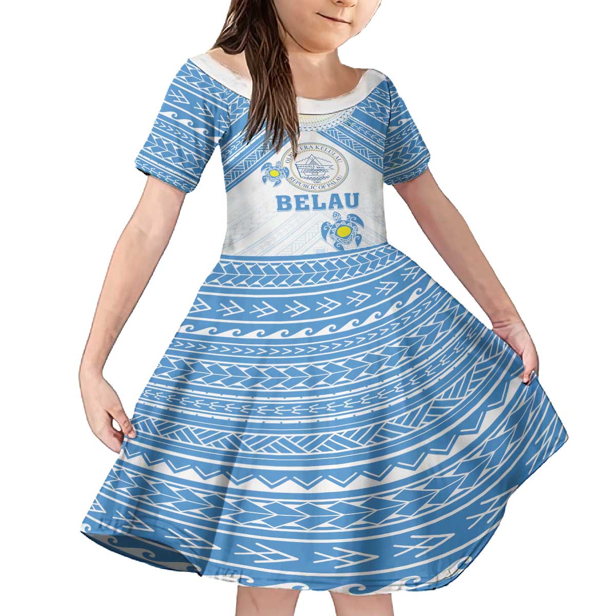 Personalised Palau Constitution Day Family Matching Off The Shoulder Long Sleeve Dress and Hawaiian Shirt Polynesian Turtle LT05 Daughter's Dress Blue - Polynesian Pride
