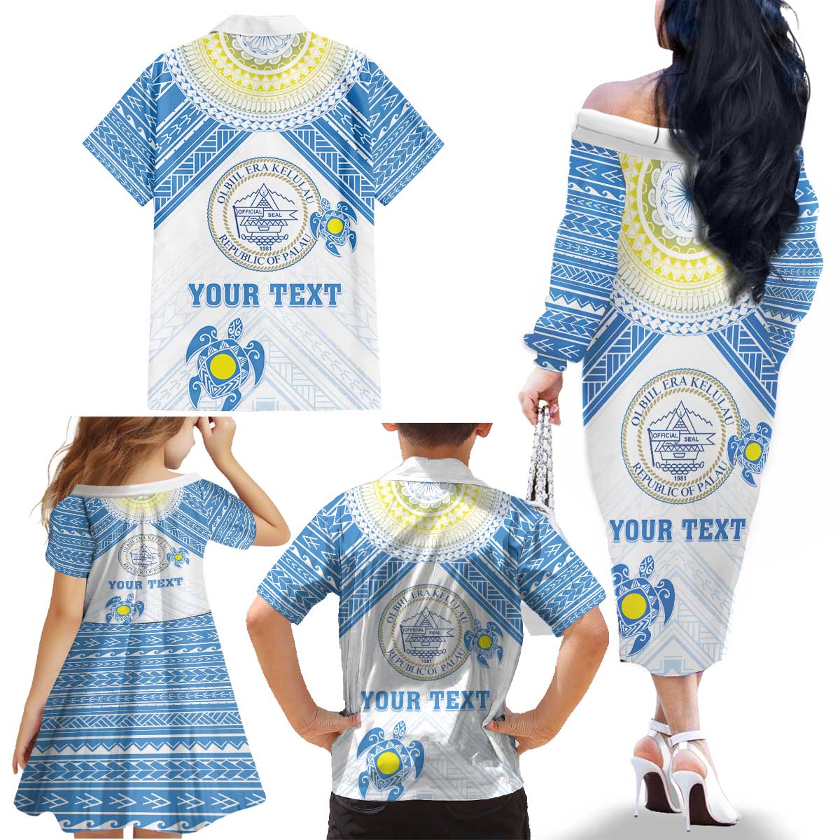 Personalised Palau Constitution Day Family Matching Off The Shoulder Long Sleeve Dress and Hawaiian Shirt Polynesian Turtle LT05 - Polynesian Pride