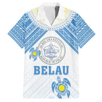 Personalised Palau Constitution Day Family Matching Off The Shoulder Long Sleeve Dress and Hawaiian Shirt Polynesian Turtle LT05 Dad's Shirt - Short Sleeve Blue - Polynesian Pride