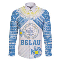 Personalised Palau Constitution Day Family Matching Off The Shoulder Long Sleeve Dress and Hawaiian Shirt Polynesian Turtle LT05 Dad's Shirt - Long Sleeve Blue - Polynesian Pride