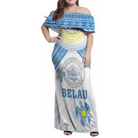 Personalised Palau Constitution Day Family Matching Off Shoulder Maxi Dress and Hawaiian Shirt Polynesian Turtle LT05 Mom's Dress Blue - Polynesian Pride