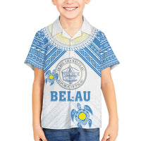 Personalised Palau Constitution Day Family Matching Off Shoulder Maxi Dress and Hawaiian Shirt Polynesian Turtle LT05 Son's Shirt Blue - Polynesian Pride