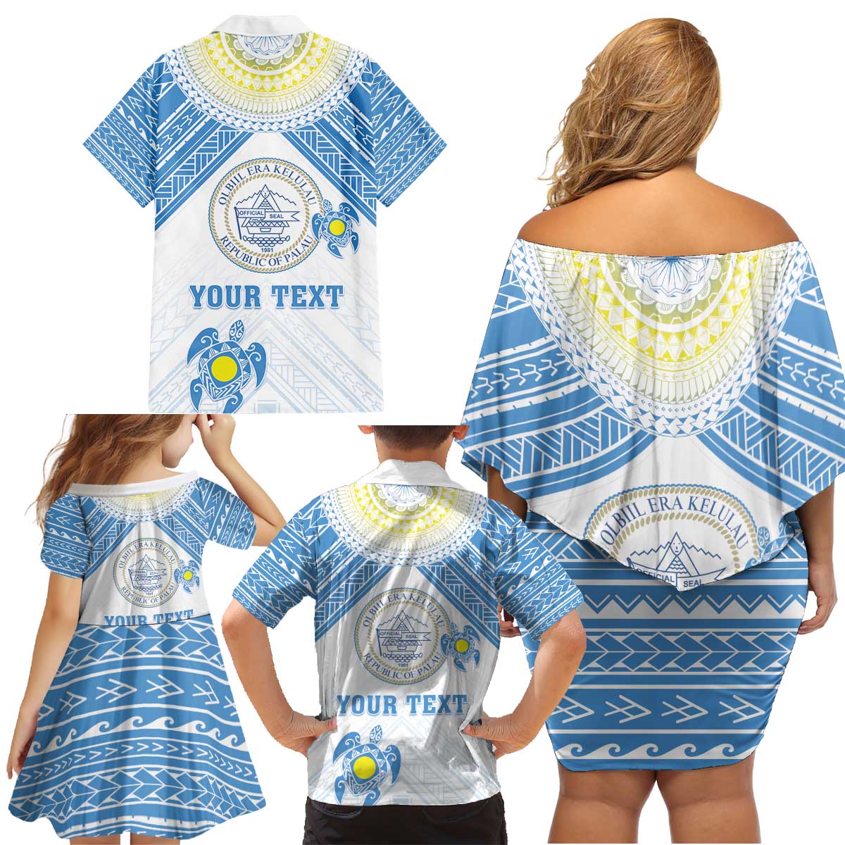 Personalised Palau Constitution Day Family Matching Off Shoulder Short Dress and Hawaiian Shirt Polynesian Turtle LT05 - Polynesian Pride