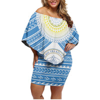 Personalised Palau Constitution Day Family Matching Off Shoulder Short Dress and Hawaiian Shirt Polynesian Turtle LT05 Mom's Dress Blue - Polynesian Pride