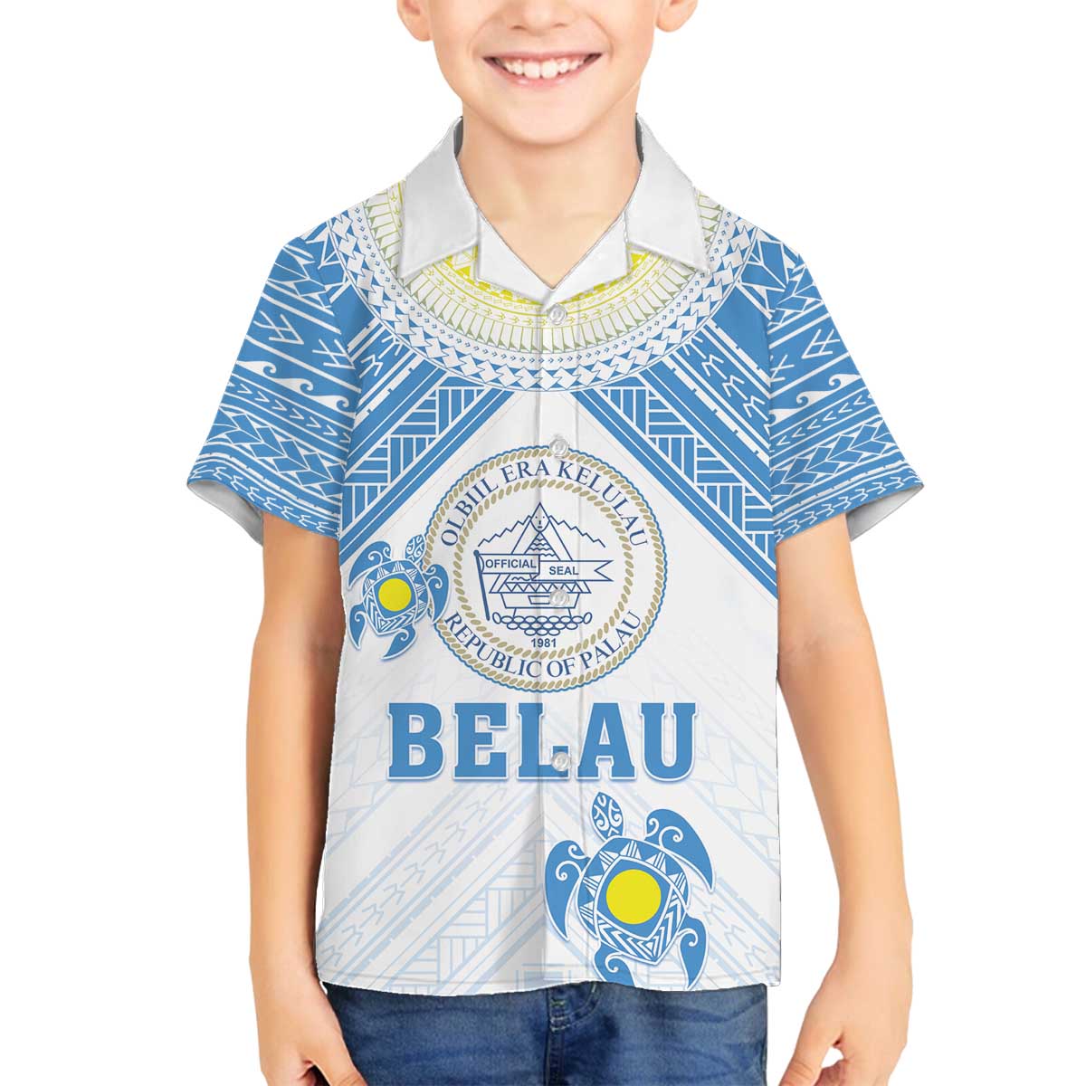 Personalised Palau Constitution Day Family Matching Off Shoulder Short Dress and Hawaiian Shirt Polynesian Turtle LT05 Son's Shirt Blue - Polynesian Pride