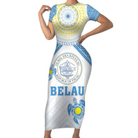 Personalised Palau Constitution Day Family Matching Short Sleeve Bodycon Dress and Hawaiian Shirt Polynesian Turtle LT05 Mom's Dress Blue - Polynesian Pride