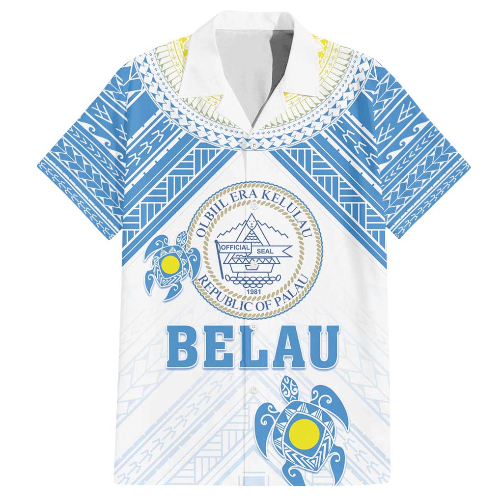 Personalised Palau Constitution Day Family Matching Tank Maxi Dress and Hawaiian Shirt Polynesian Turtle LT05 Dad's Shirt - Short Sleeve Blue - Polynesian Pride