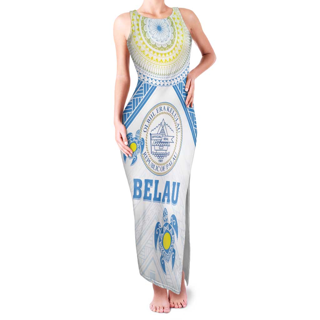 Personalised Palau Constitution Day Family Matching Tank Maxi Dress and Hawaiian Shirt Polynesian Turtle LT05 Mom's Dress Blue - Polynesian Pride