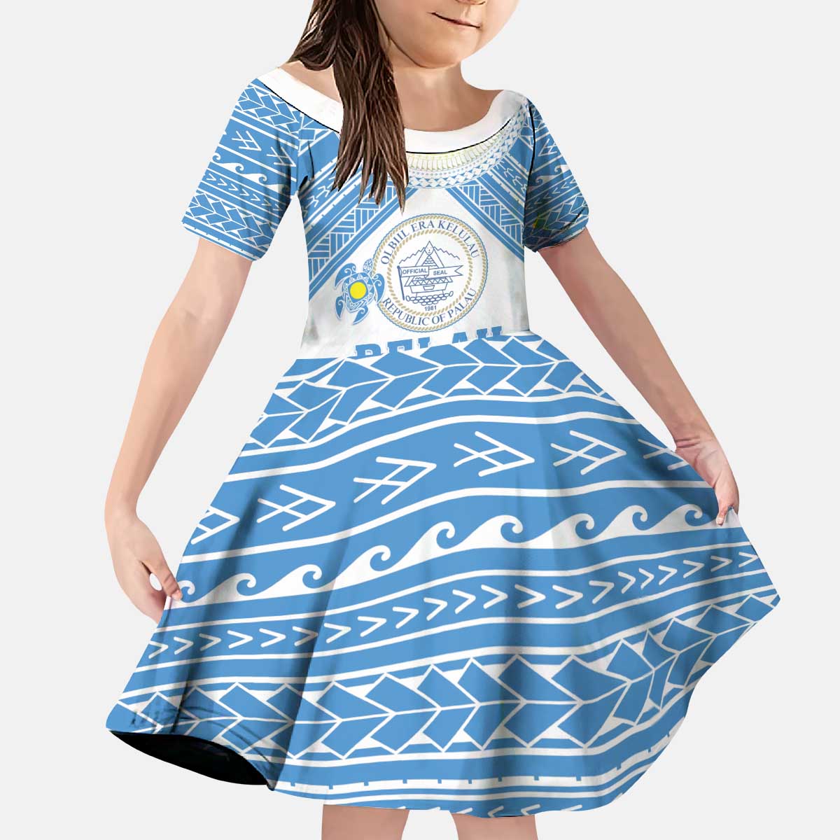 Personalised Palau Constitution Day Kid Short Sleeve Dress Polynesian Turtle LT05 KID Blue - Polynesian Pride