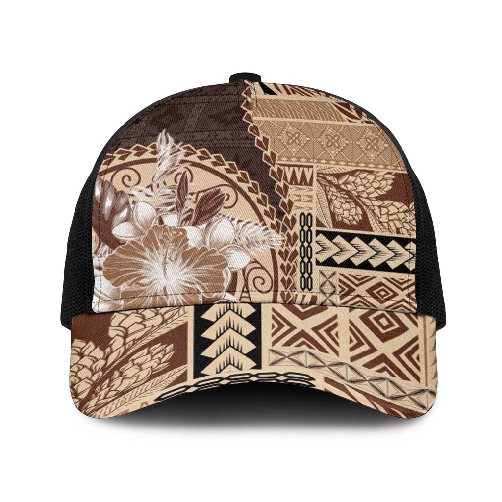 Samoa Siapo Elegant Baseball Net Cap Hibiscus Chocolate Brown Motifs - Polynesian Pride