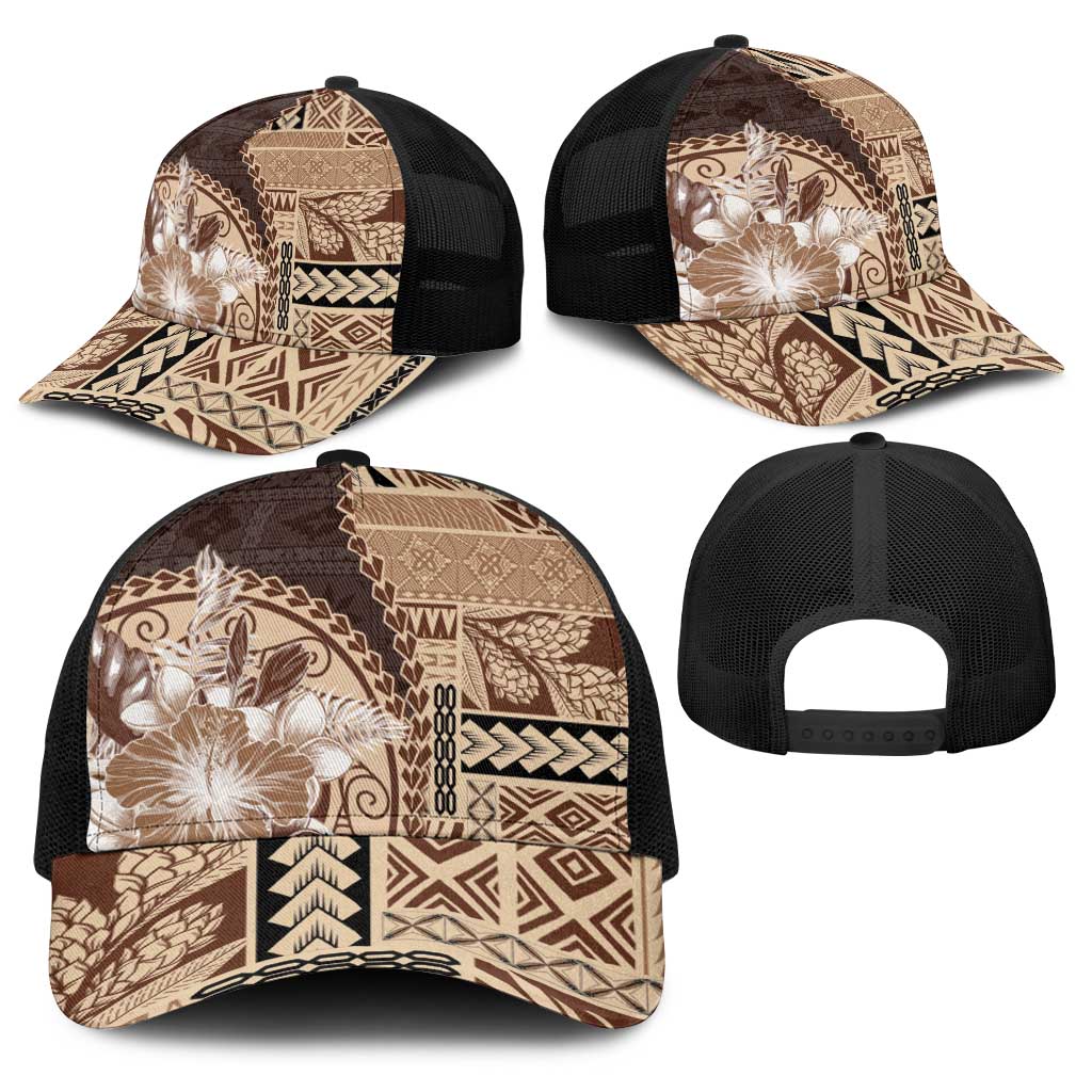 Samoa Siapo Elegant Baseball Net Cap Hibiscus Chocolate Brown Motifs - Polynesian Pride