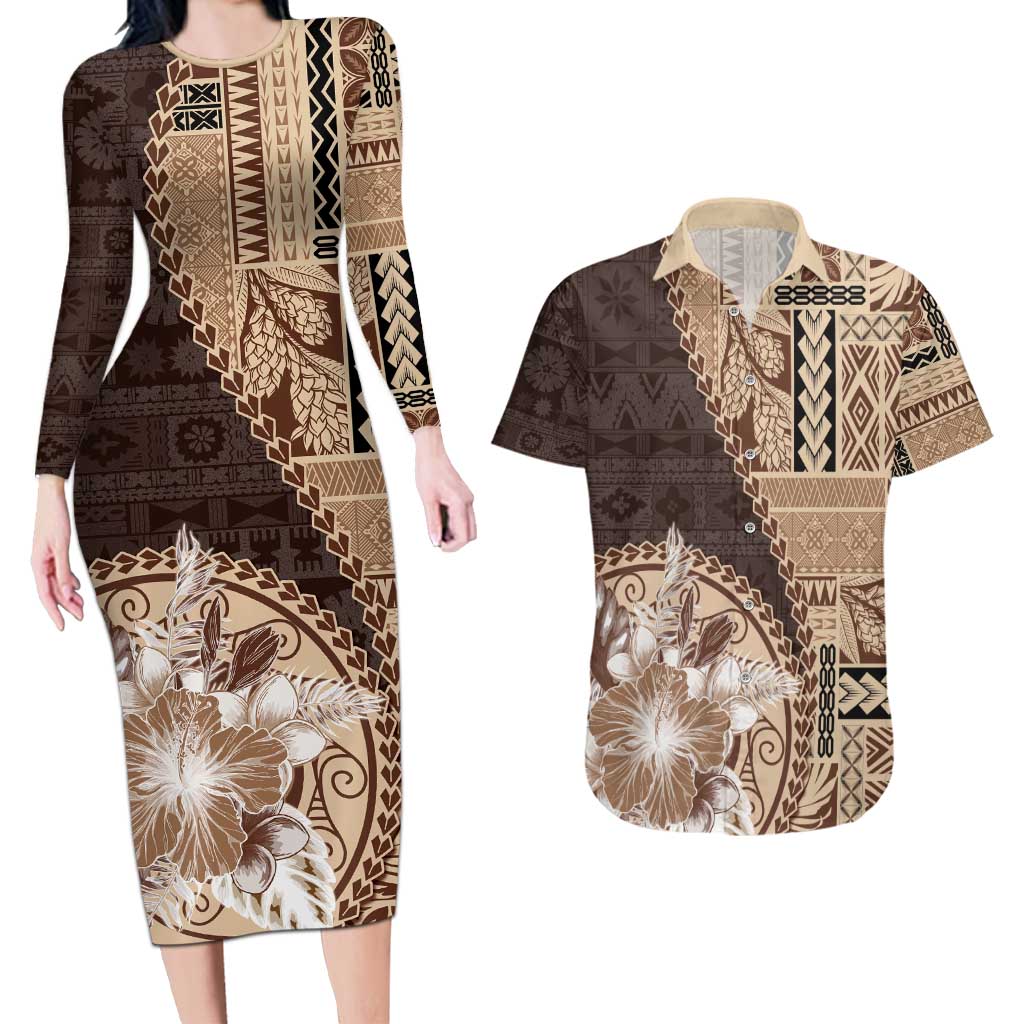 Samoa Siapo Elegant Couples Matching Long Sleeve Bodycon Dress and Hawaiian Shirt Hibiscus Chocolate Brown Motifs LT05 Brown - Polynesian Pride