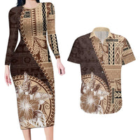 Samoa Siapo Elegant Couples Matching Long Sleeve Bodycon Dress and Hawaiian Shirt Hibiscus Chocolate Brown Motifs LT05 Brown - Polynesian Pride
