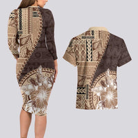 Samoa Siapo Elegant Couples Matching Long Sleeve Bodycon Dress and Hawaiian Shirt Hibiscus Chocolate Brown Motifs LT05 - Polynesian Pride
