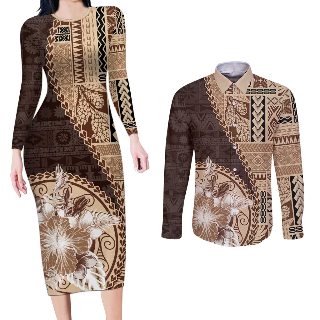 Samoa Siapo Elegant Couples Matching Long Sleeve Bodycon Dress and Long Sleeve Button Shirt Hibiscus Chocolate Brown Motifs LT05 Brown - Polynesian Pride