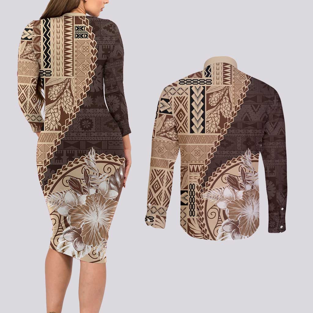 Samoa Siapo Elegant Couples Matching Long Sleeve Bodycon Dress and Long Sleeve Button Shirt Hibiscus Chocolate Brown Motifs LT05 - Polynesian Pride