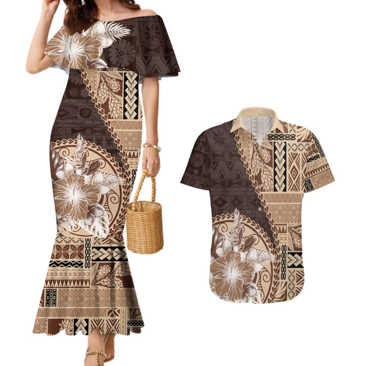 Samoa Siapo Elegant Couples Matching Mermaid Dress and Hawaiian Shirt Hibiscus Chocolate Brown Motifs LT05 Brown - Polynesian Pride