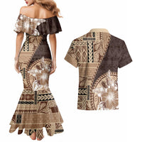 Samoa Siapo Elegant Couples Matching Mermaid Dress and Hawaiian Shirt Hibiscus Chocolate Brown Motifs LT05 - Polynesian Pride