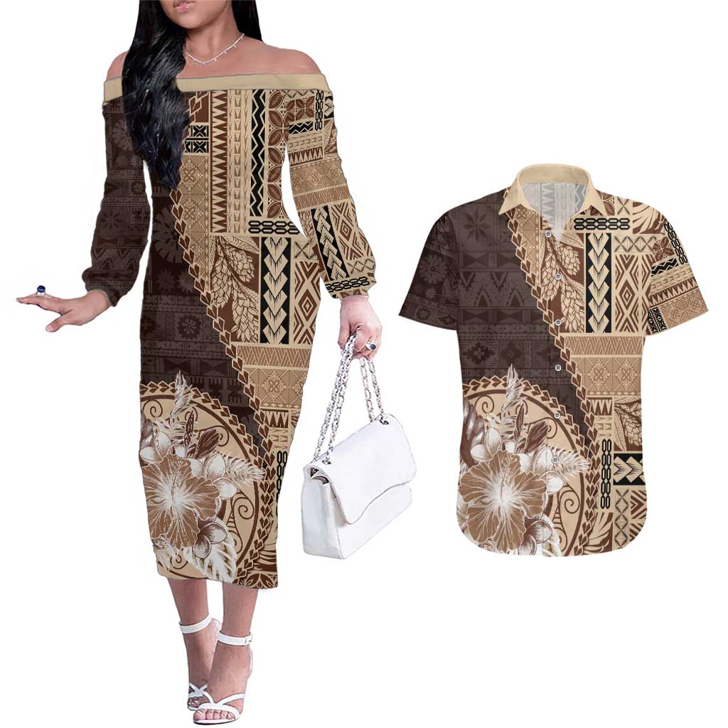 Samoa Siapo Elegant Couples Matching Off The Shoulder Long Sleeve Dress and Hawaiian Shirt Hibiscus Chocolate Brown Motifs LT05 Brown - Polynesian Pride
