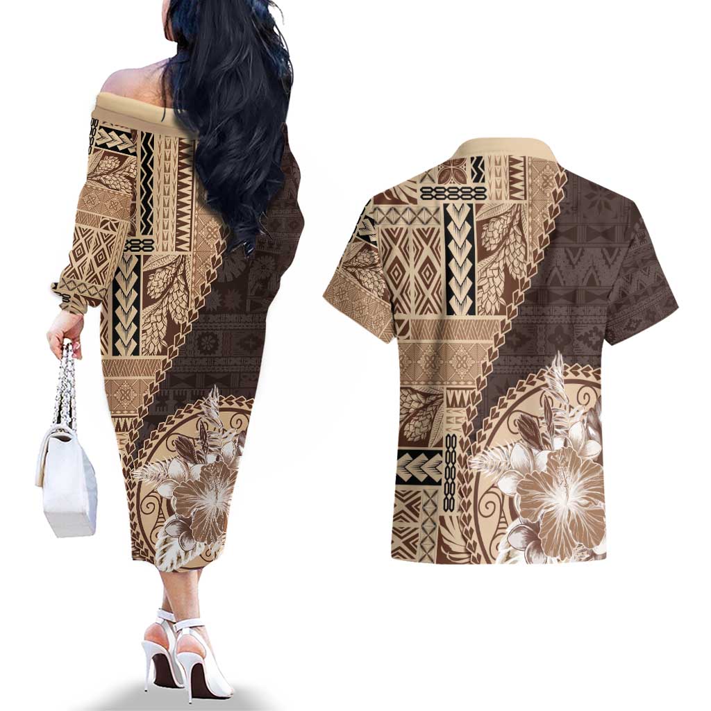 Samoa Siapo Elegant Couples Matching Off The Shoulder Long Sleeve Dress and Hawaiian Shirt Hibiscus Chocolate Brown Motifs LT05 - Polynesian Pride